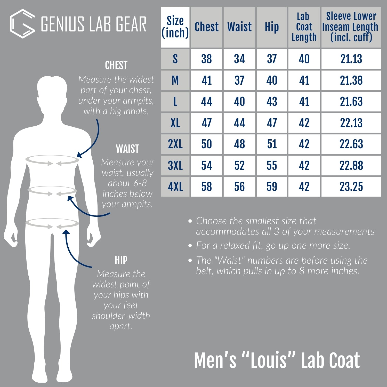 Men's louis college chemistry lab coat size chart from small to four extra large