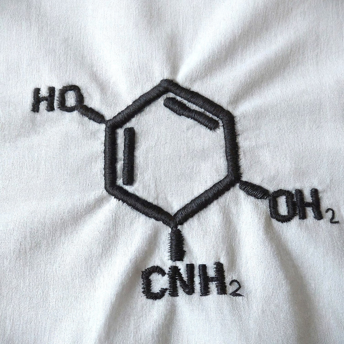 Custom molecule embroidery close-up on a lab coat chest pocket, science gift for lab scientists