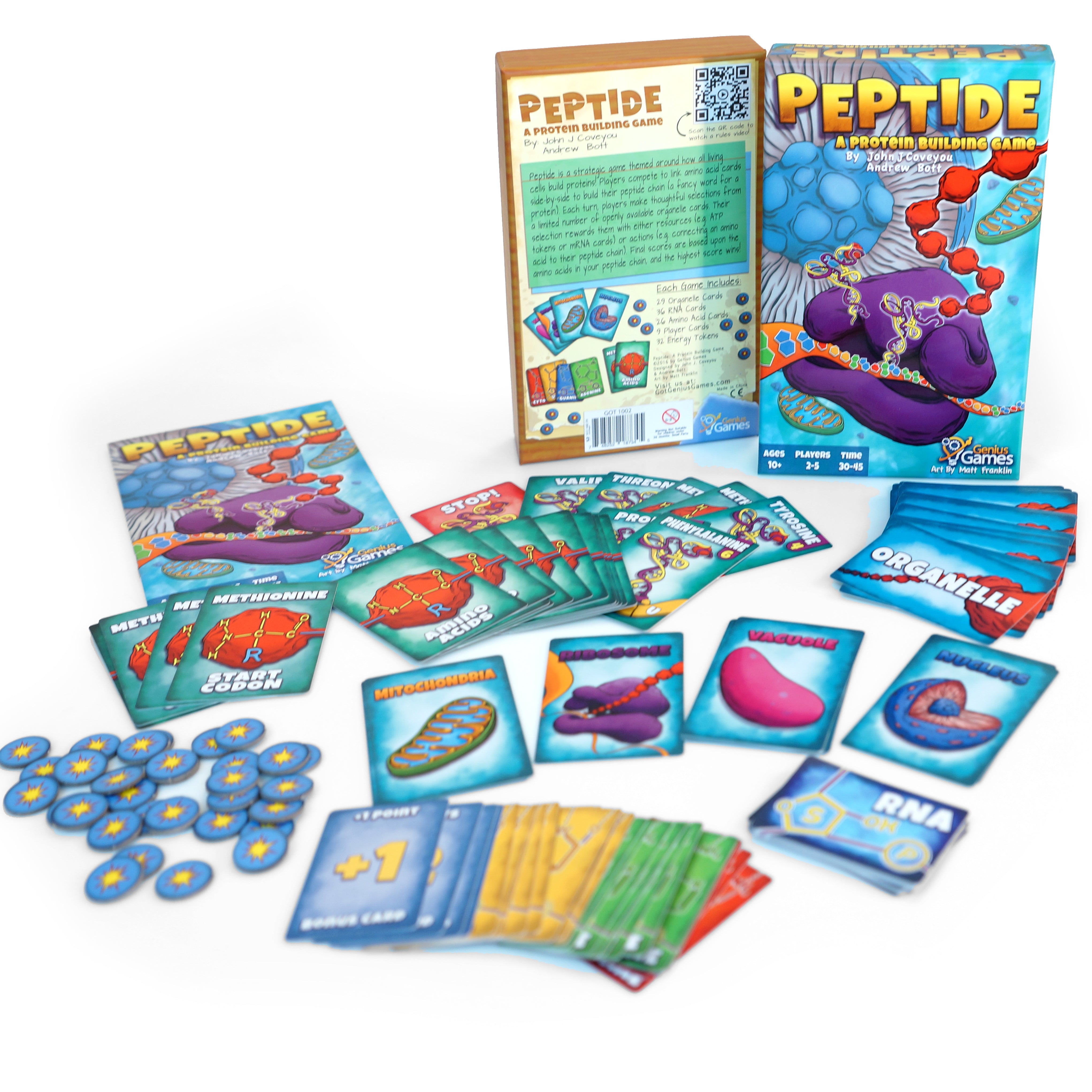 Peptide card game out of box showing amino acid and organelle cards, educational gift