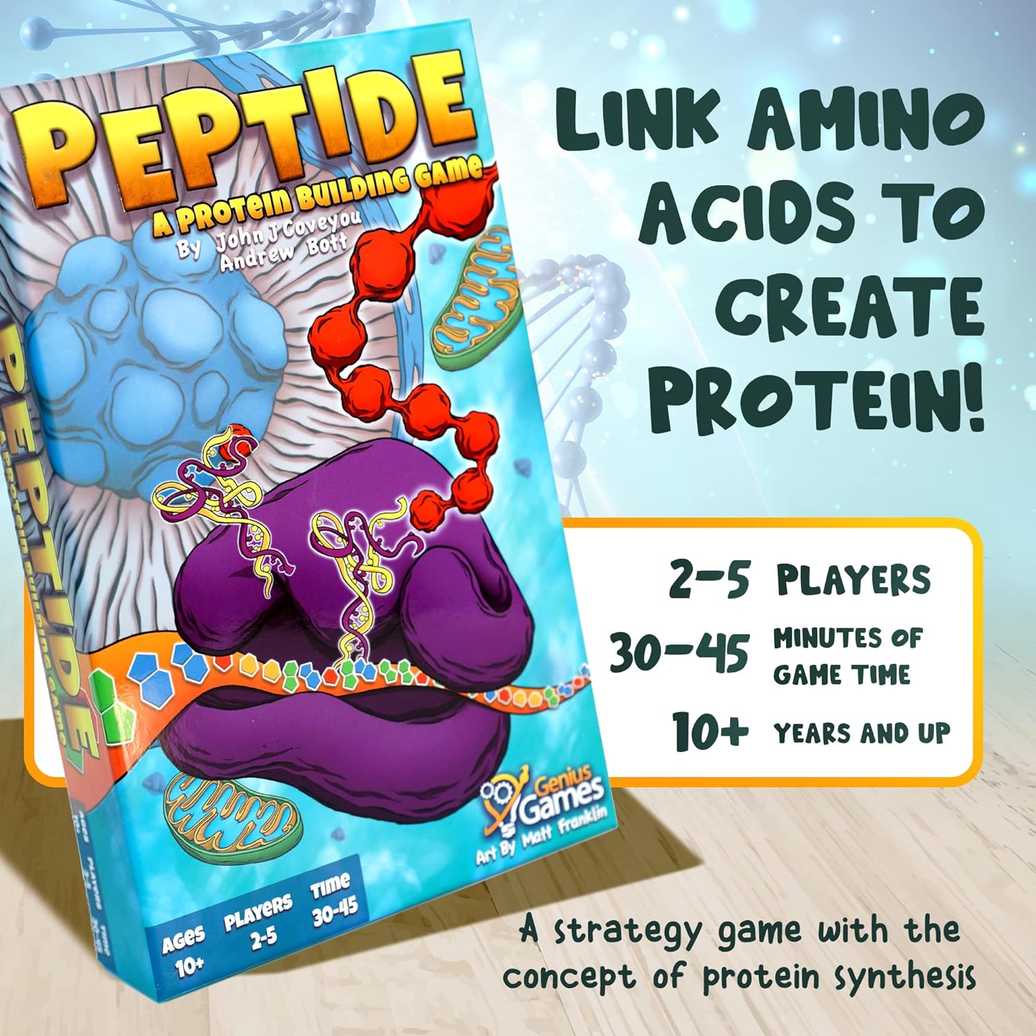 Peptide protein building game showing mRNA and ribosome card mechanics, educational gift
