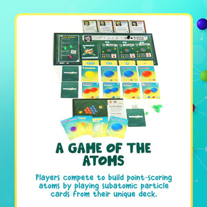 Subatomic board game player area with atom building resources and cards, educational gift