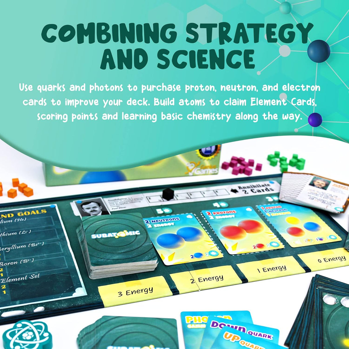 Subatomic board game showing element building strategy, science gift for teens