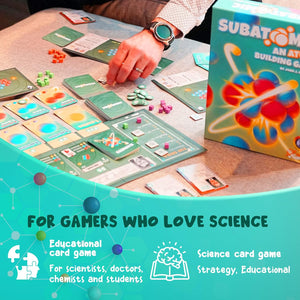 Subatomic atom building board game contents, educational chemistry gift for ages 14 and up, educational gift