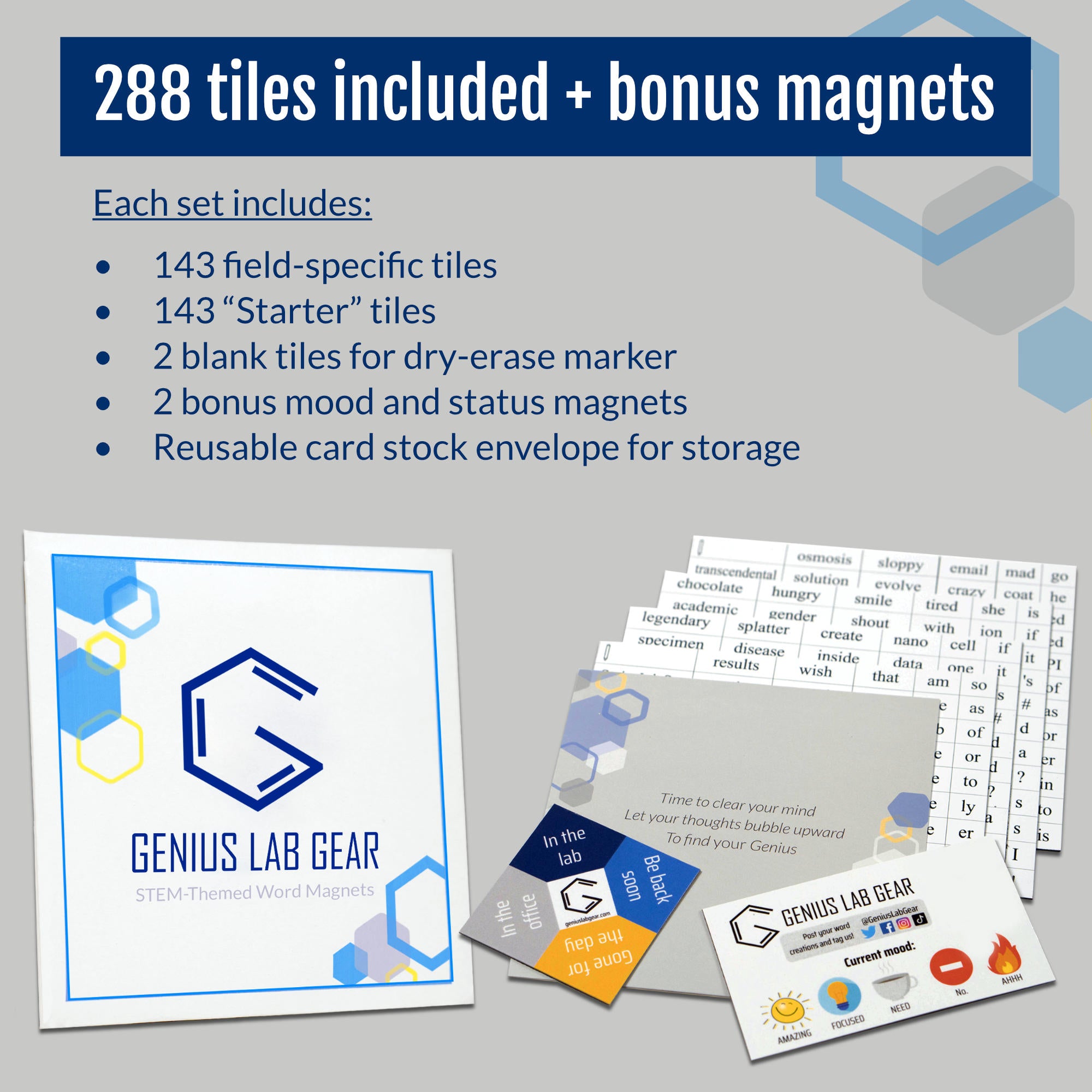 STEM word magnet set spread out showing science kit tiles for lab and classroom decoration, gift for scientists