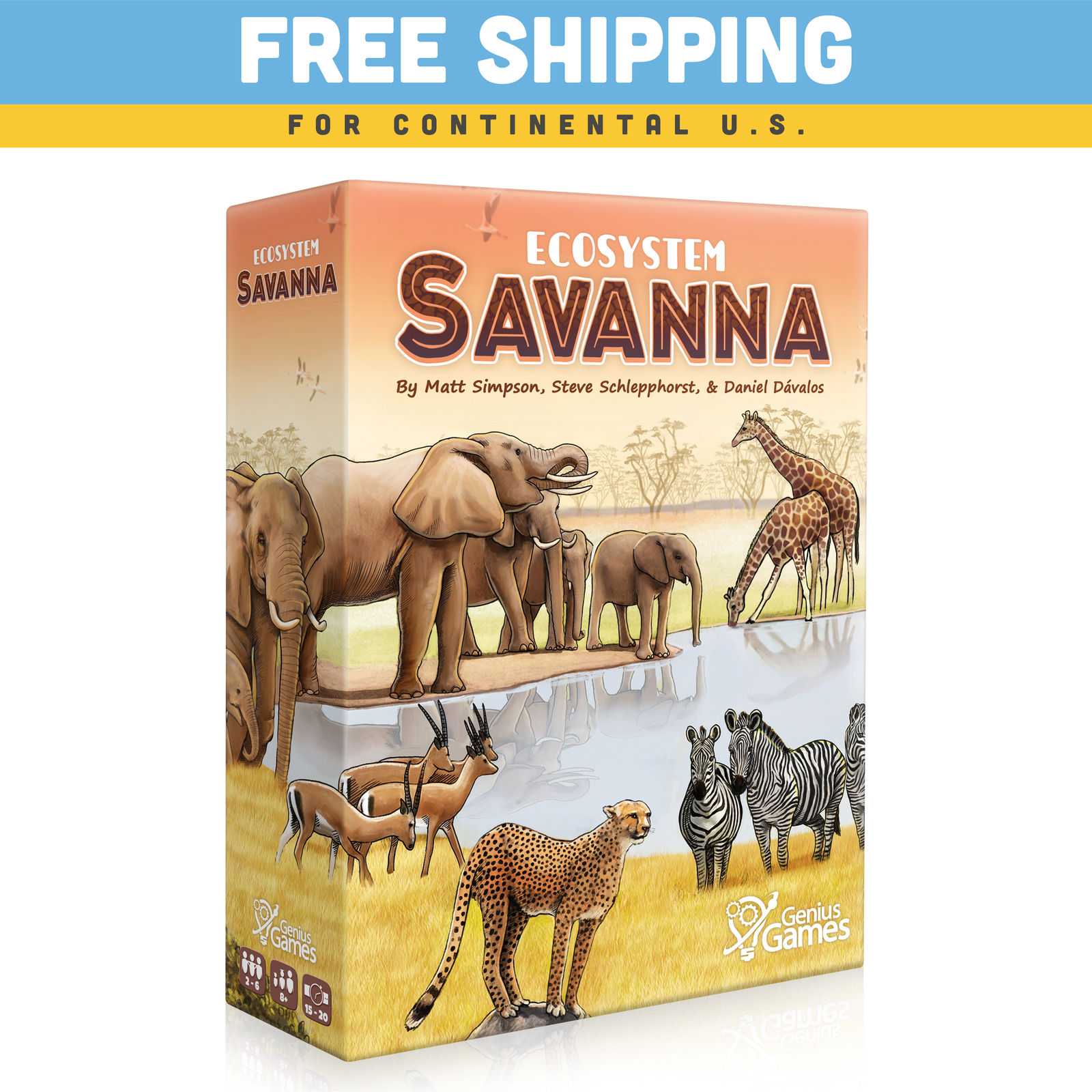 Ecosystem Savanna card game box feature shot with African savanna wildlife artwork, science gift