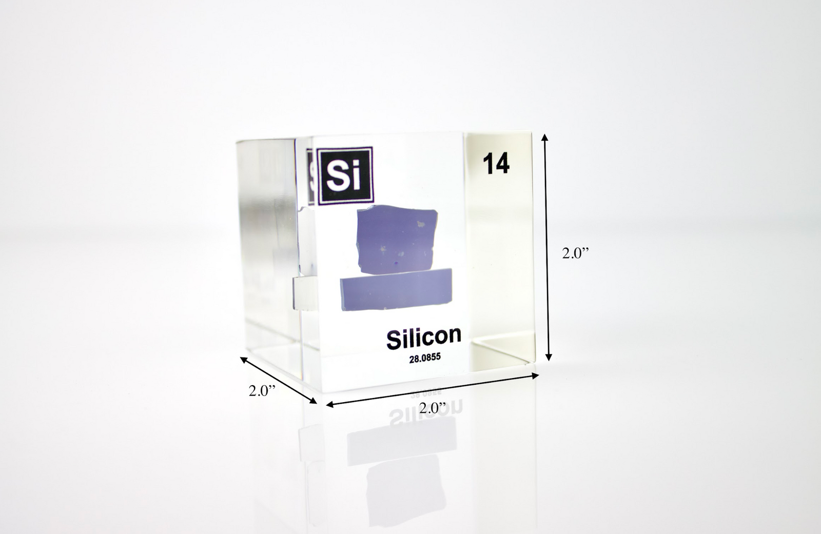Silicon element cube with dimension measurements on white background, collector gift