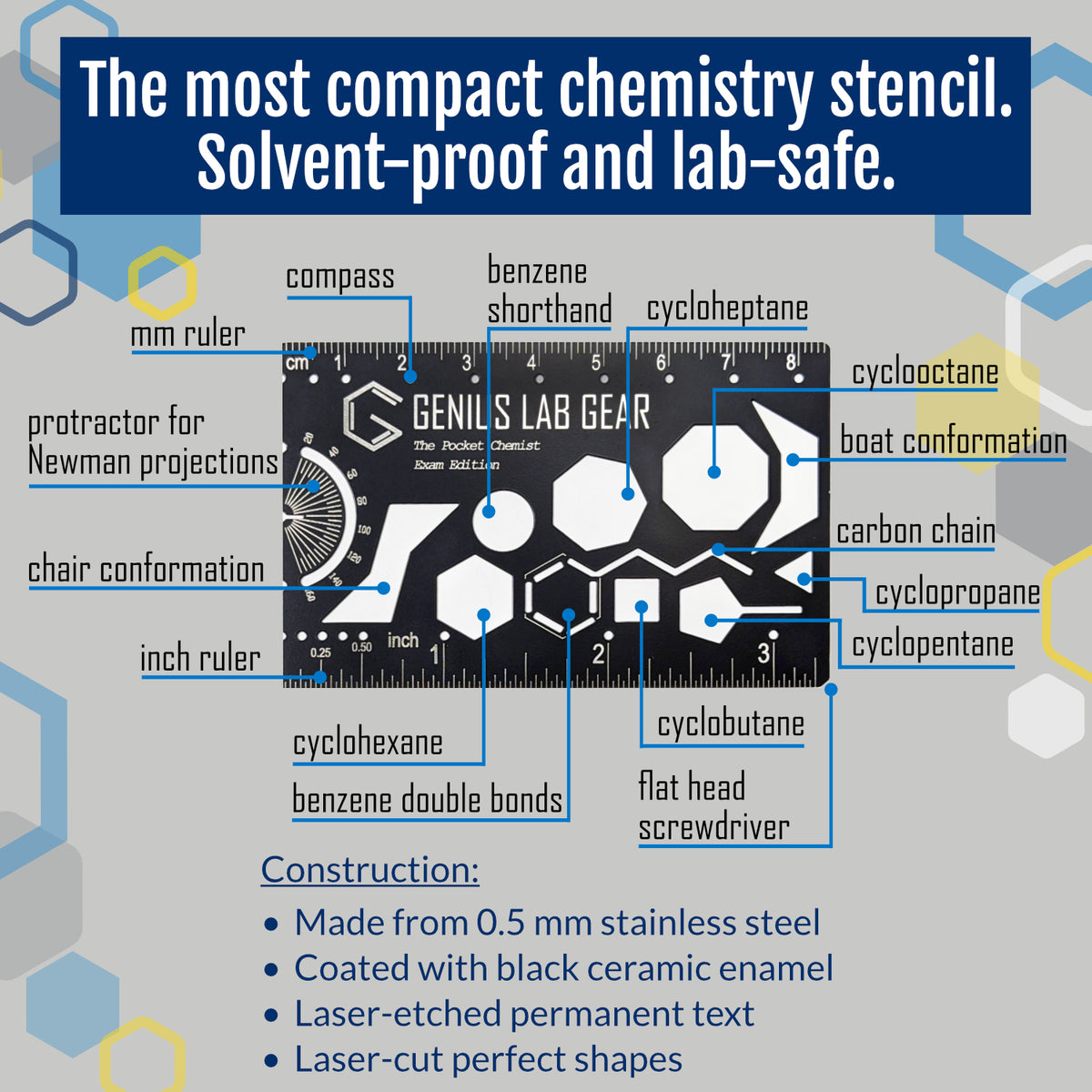 Genius Lab Gear's benzene stencil and newman projection angle measurement ochem pocket ruler chair conformation cyclobutane cyclooctane compass protractor cyclopropane flat head screwdriver