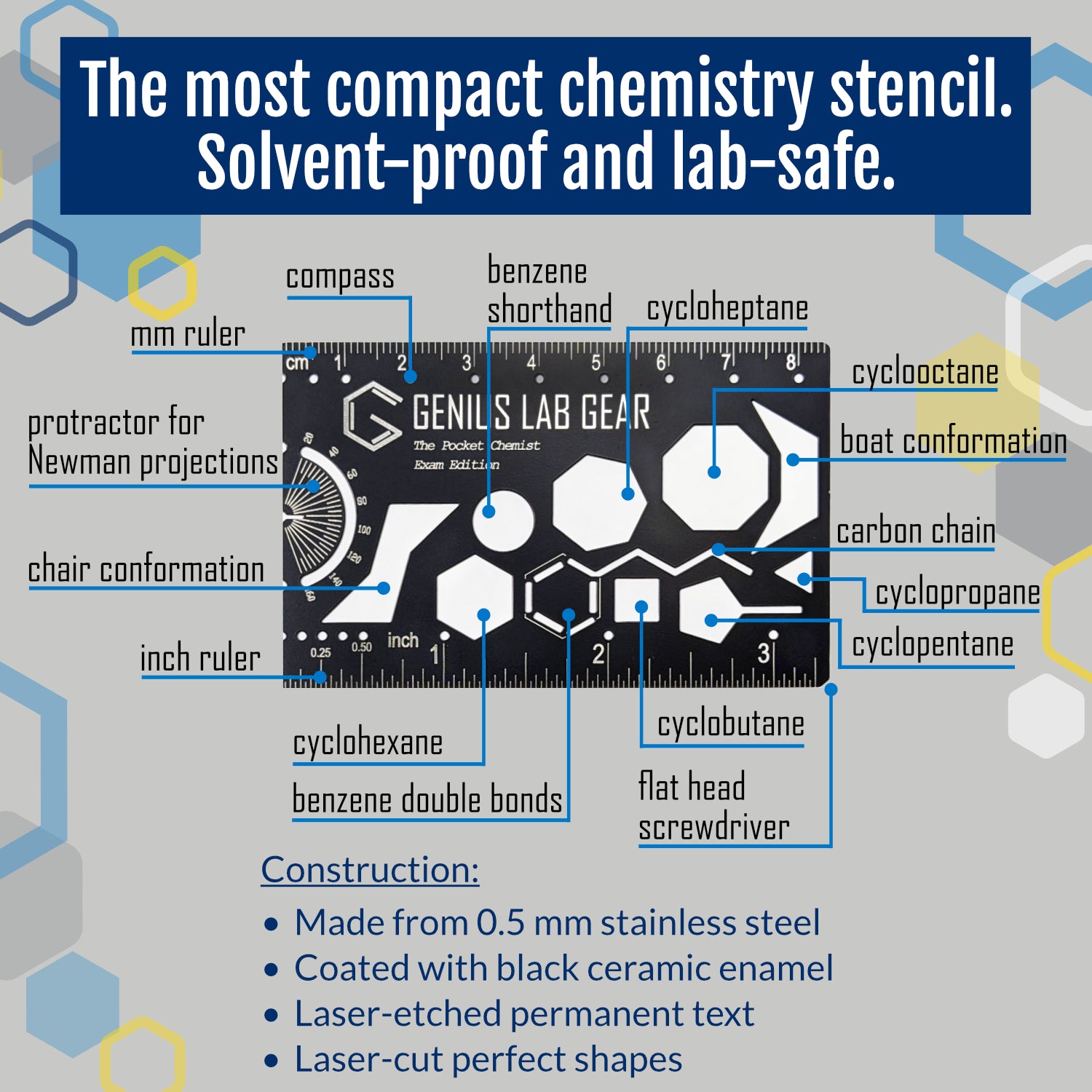 Pocket Chemist stencil showing benzene ring stencil, Newman projection template, and angle ruler, gift for scientists