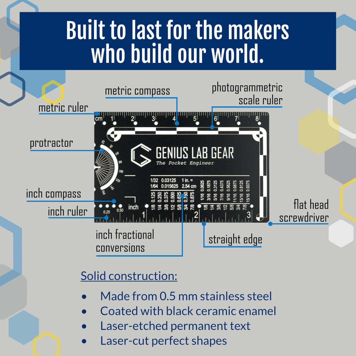 Genius Lab Gear's 3 inch engineering scale ruler with compass and protractor template conversion unit scale compass