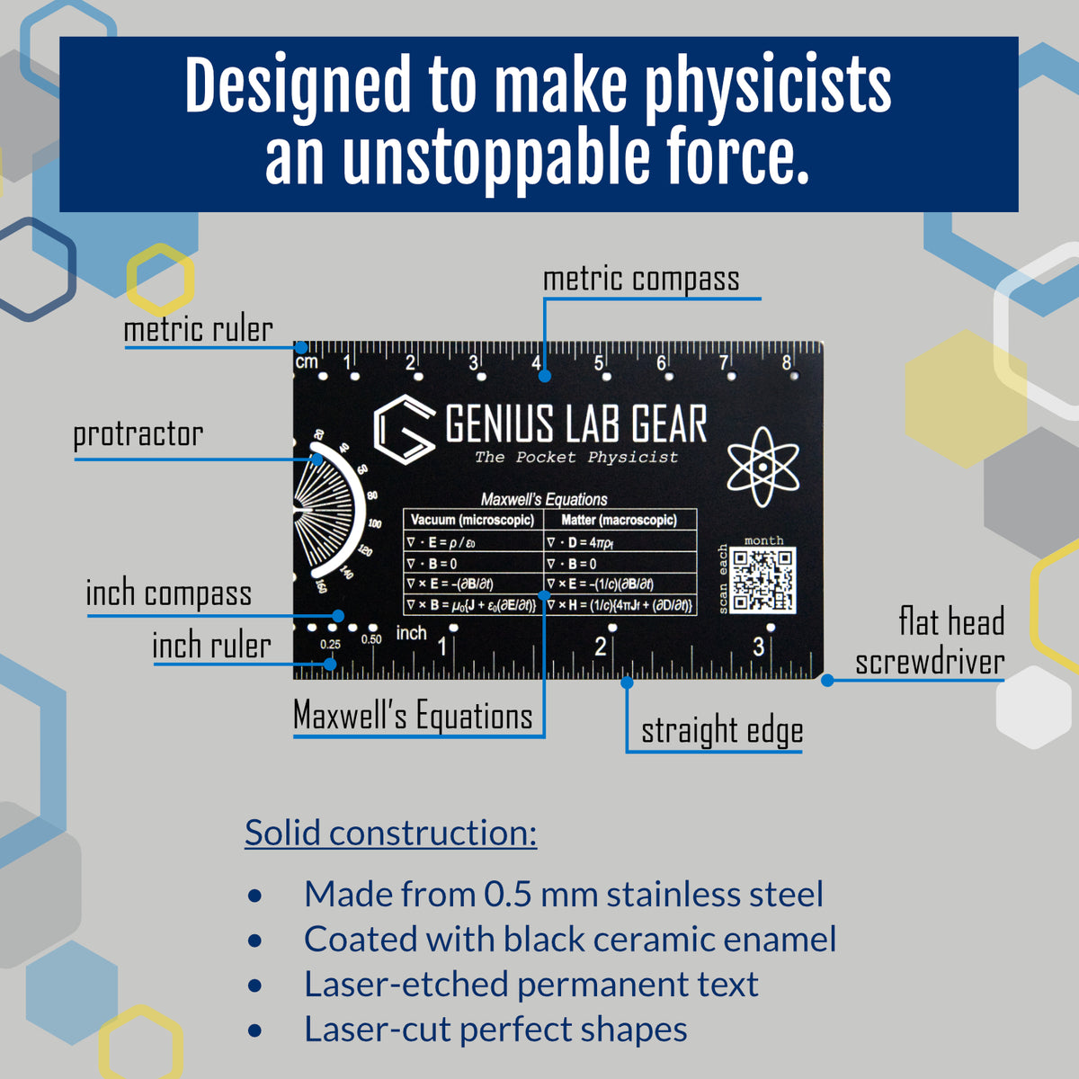 Genius Lab Gear's pocket wallet tool physicist laser cut protractor gift ruler equations arc angle measurement metric unit conversion formulas prefixes