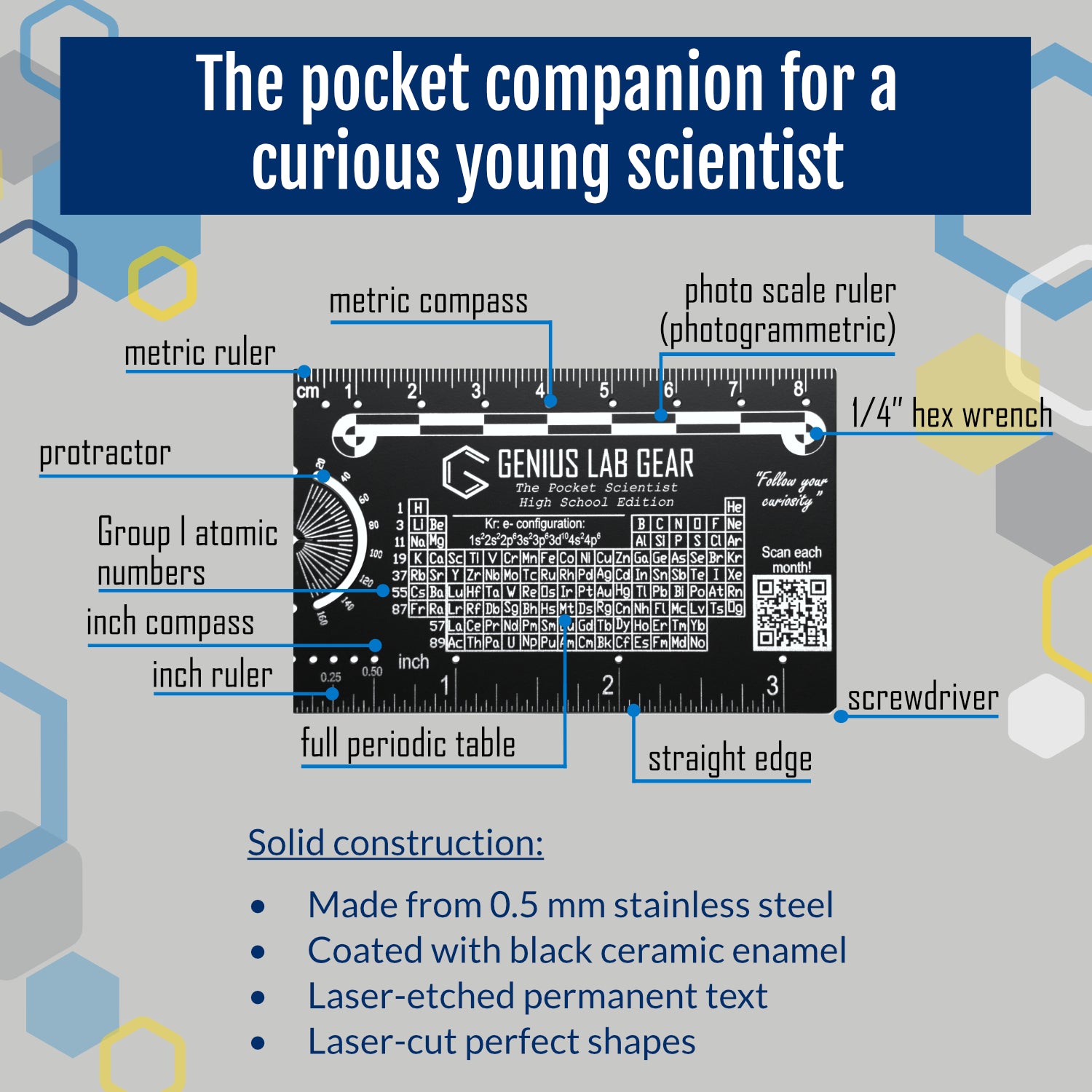 Metal pocket ruler for scientists with periodic table, protractor, compass, hex wrench and screwdriver, gift for scientists