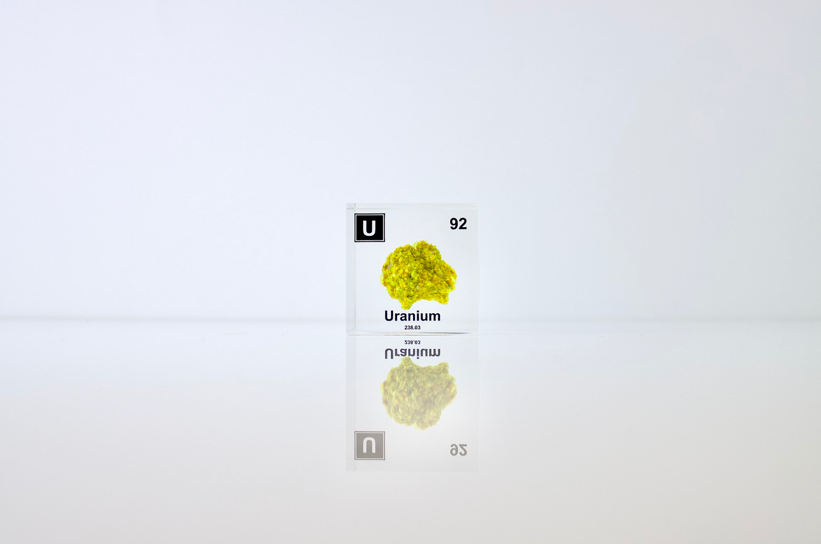 Uranium element cube full product view on white background, collector gift for science enthusiasts