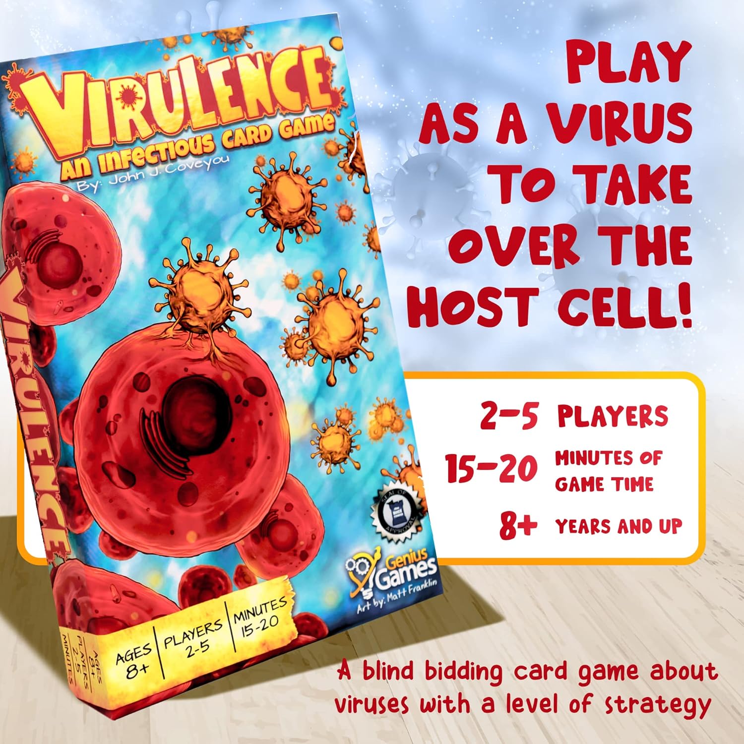 Virulence virus card game showing bidding mechanics with virus component cards, educational gift