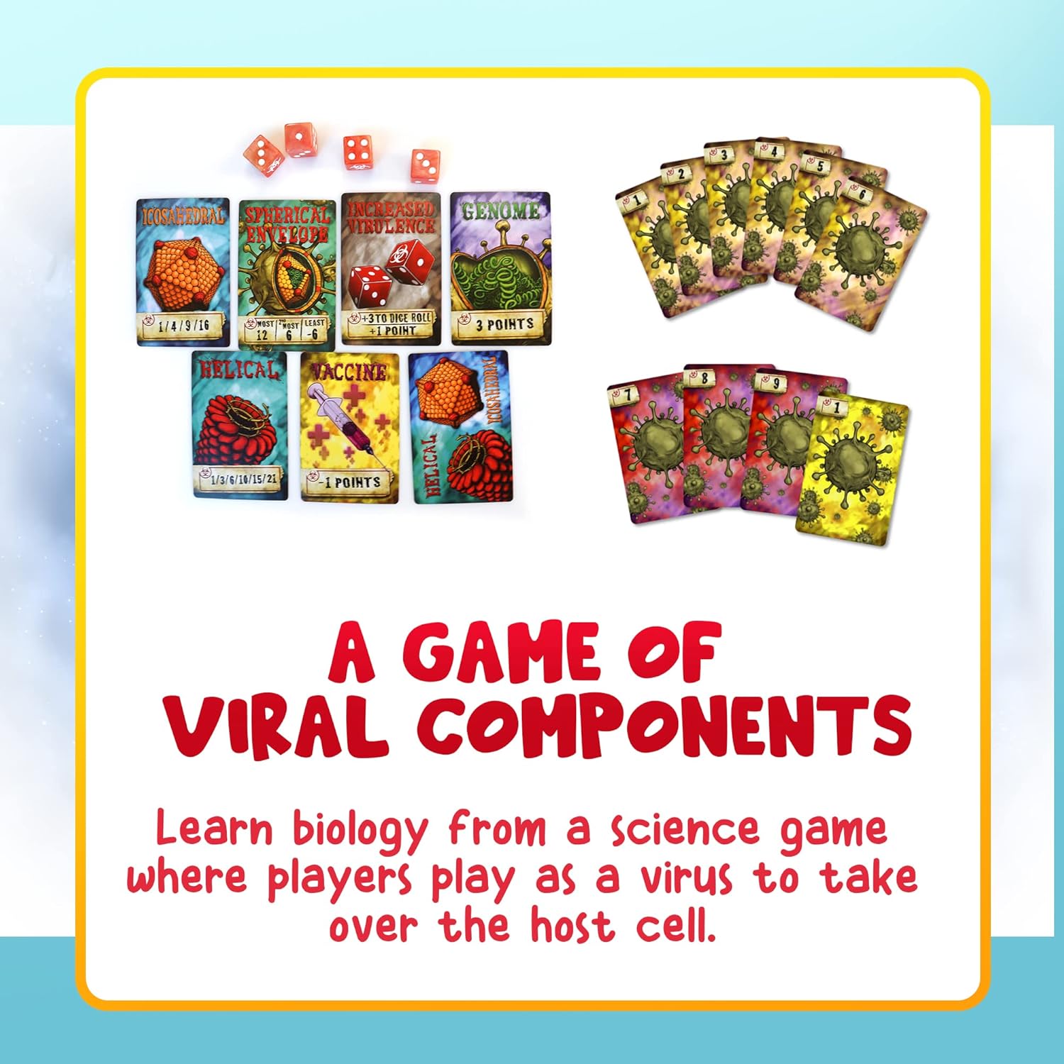 Virulence infectious card game showing detailed virus card illustrations, educational gift