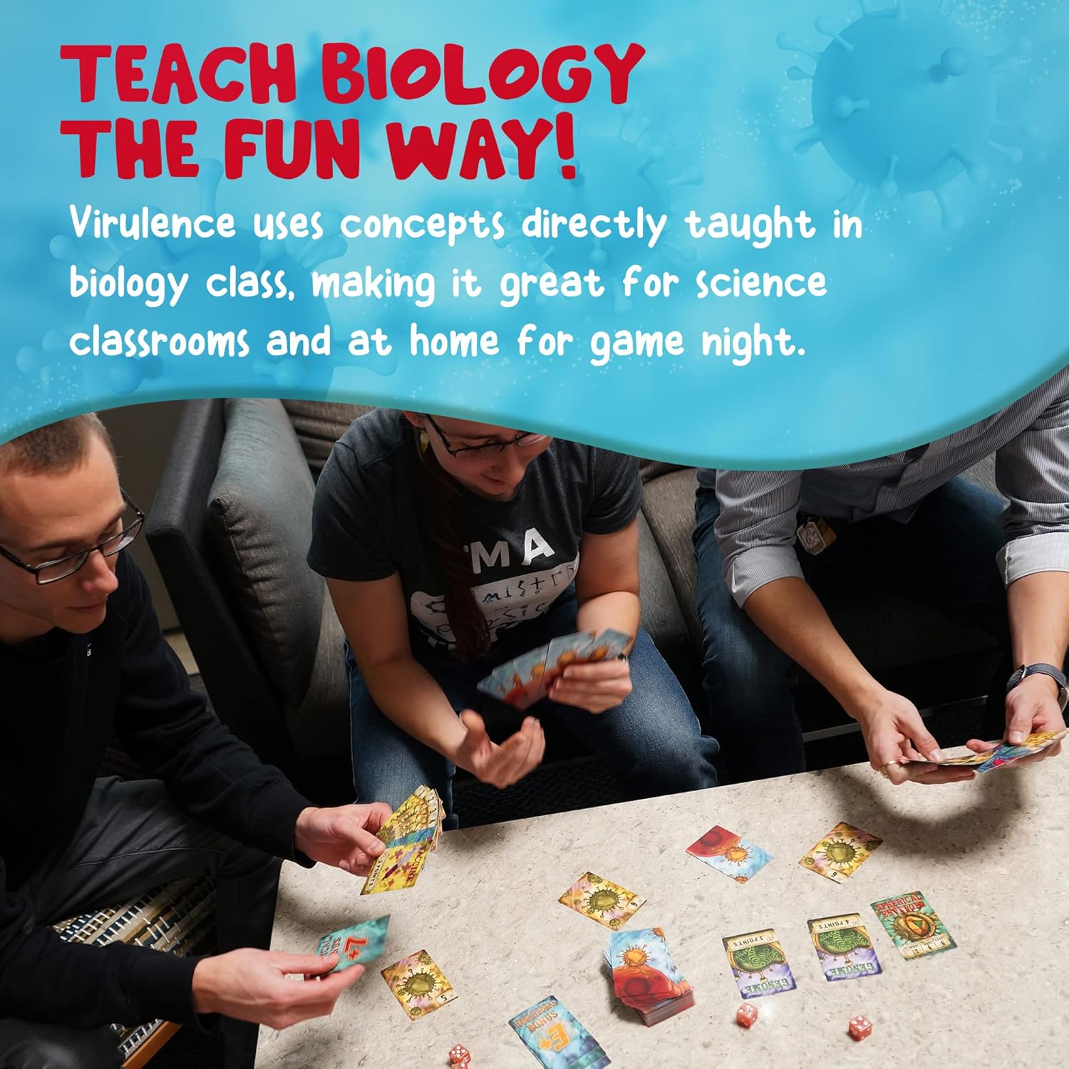 Virulence card game gameplay in progress, educational science gift for ages 8 and up