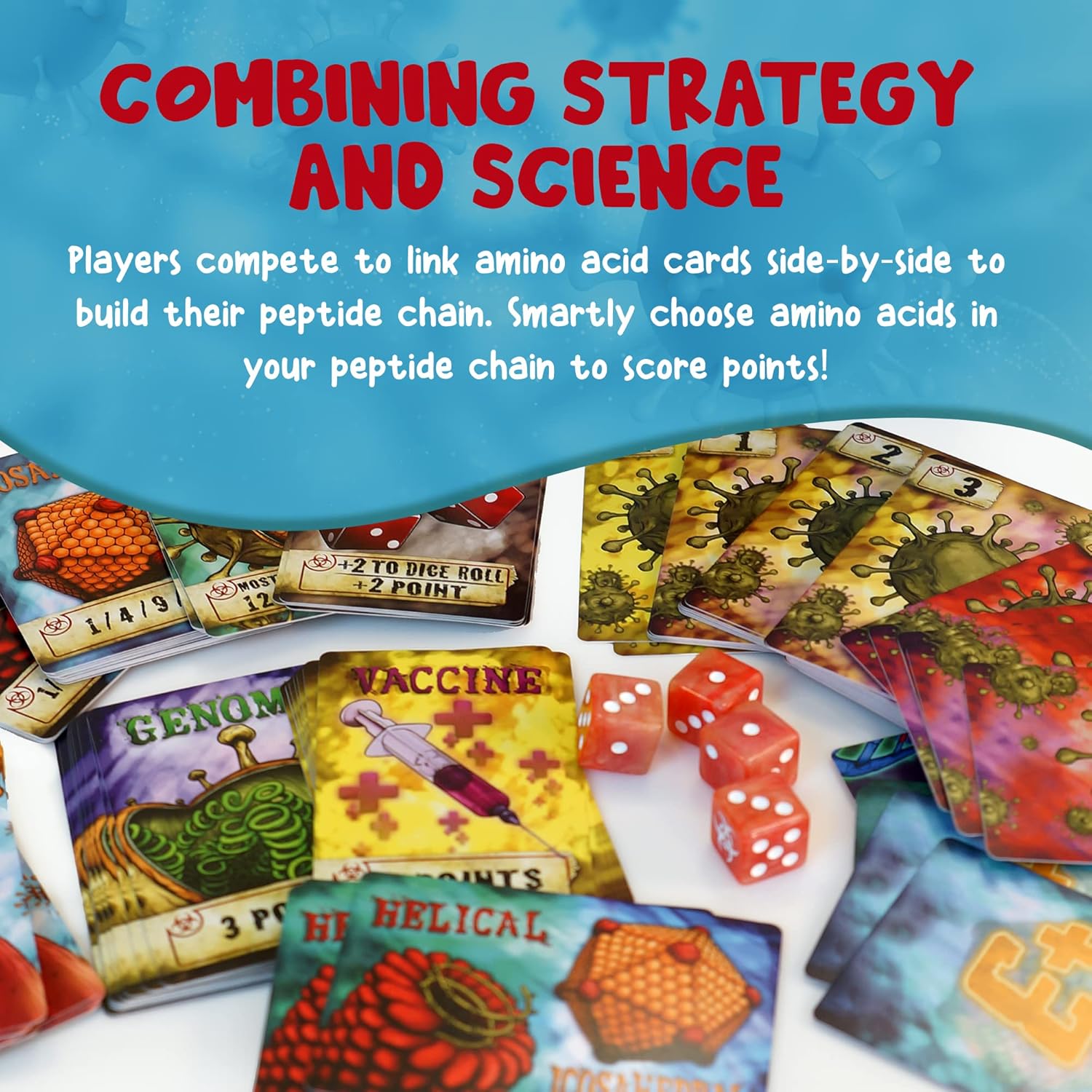 Virulence virus game showing player hands of virus cards for strategic bidding, educational gift