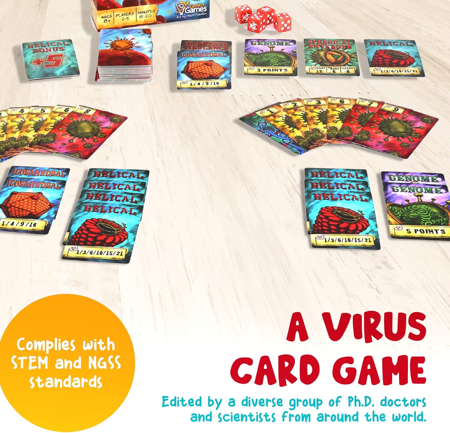 Virulence virus card game players competing for host cells, fun educational gift for biology students
