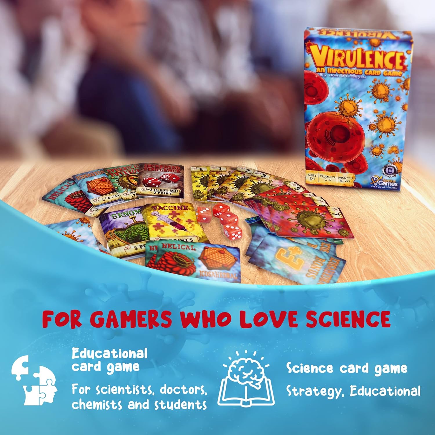 Virulence card game full box contents with all components shown, educational gift for biology or microbiology students