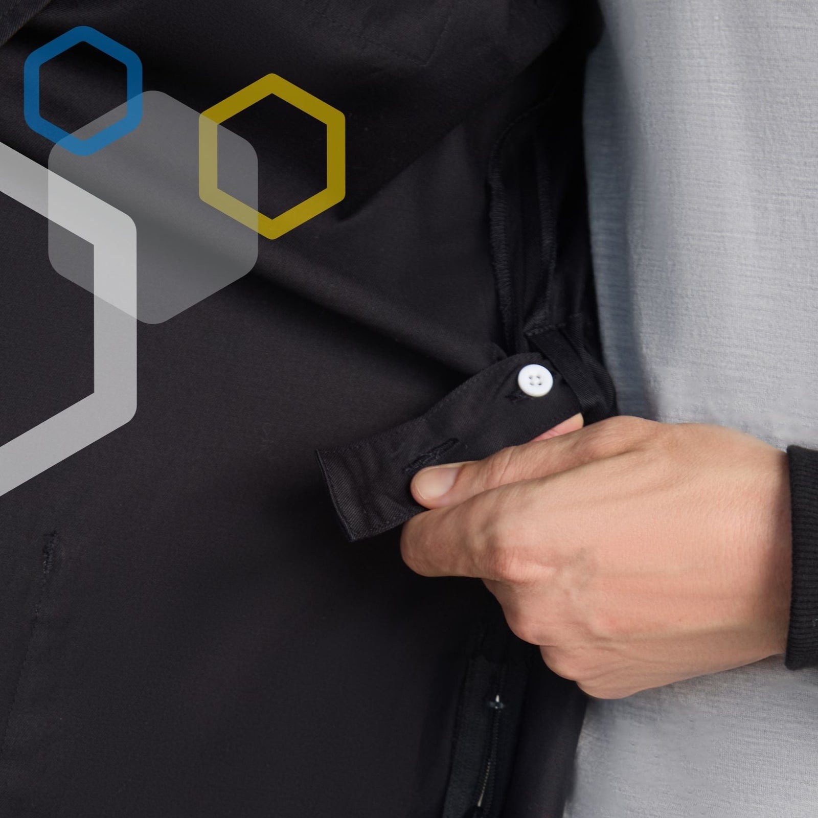 scientist using hidden adjustable belt with buttons on black chemistry lab coat