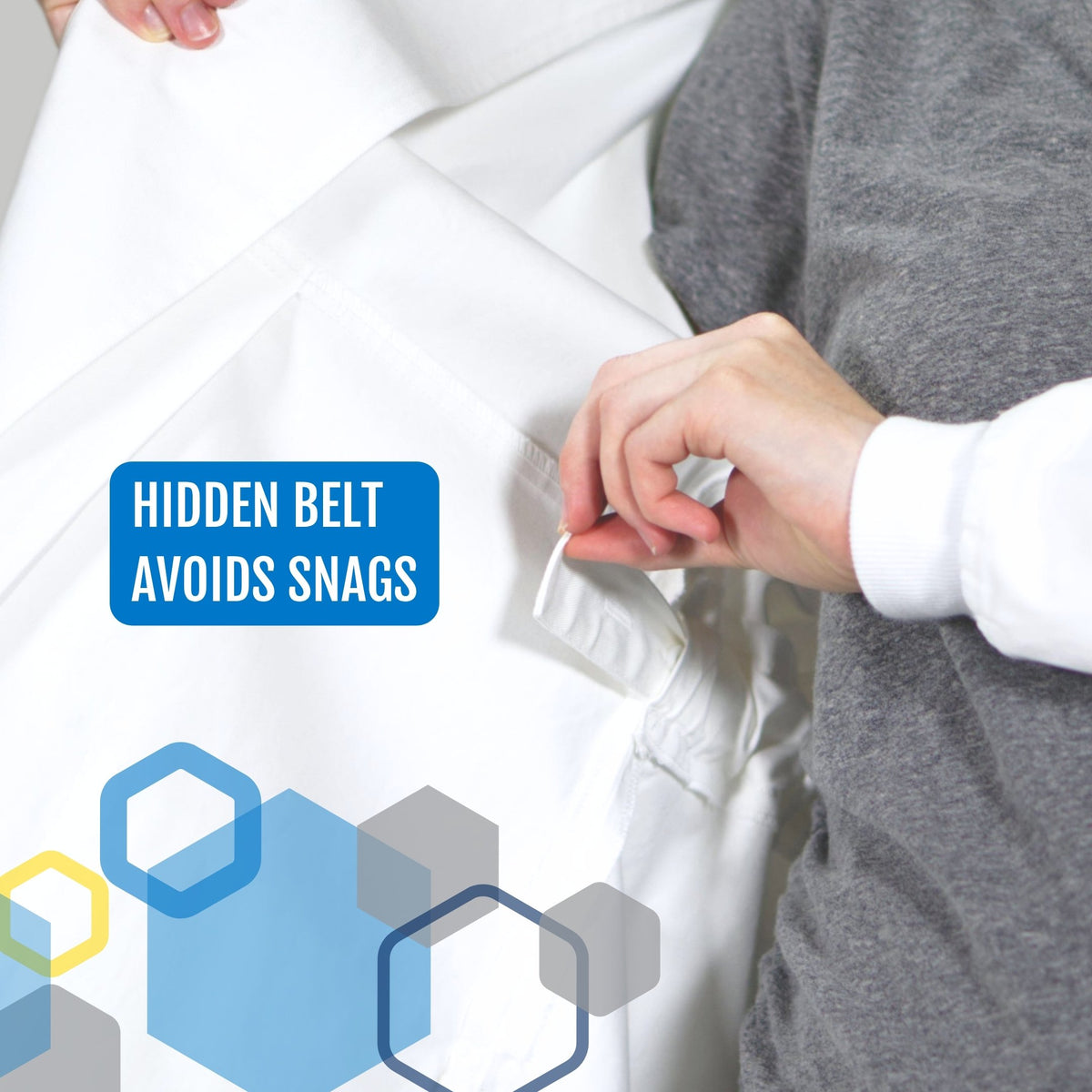 an expecting woman pulling on an adjustable cotton belt inside a maternity lab coat to adjust fit in her 2nd trimester