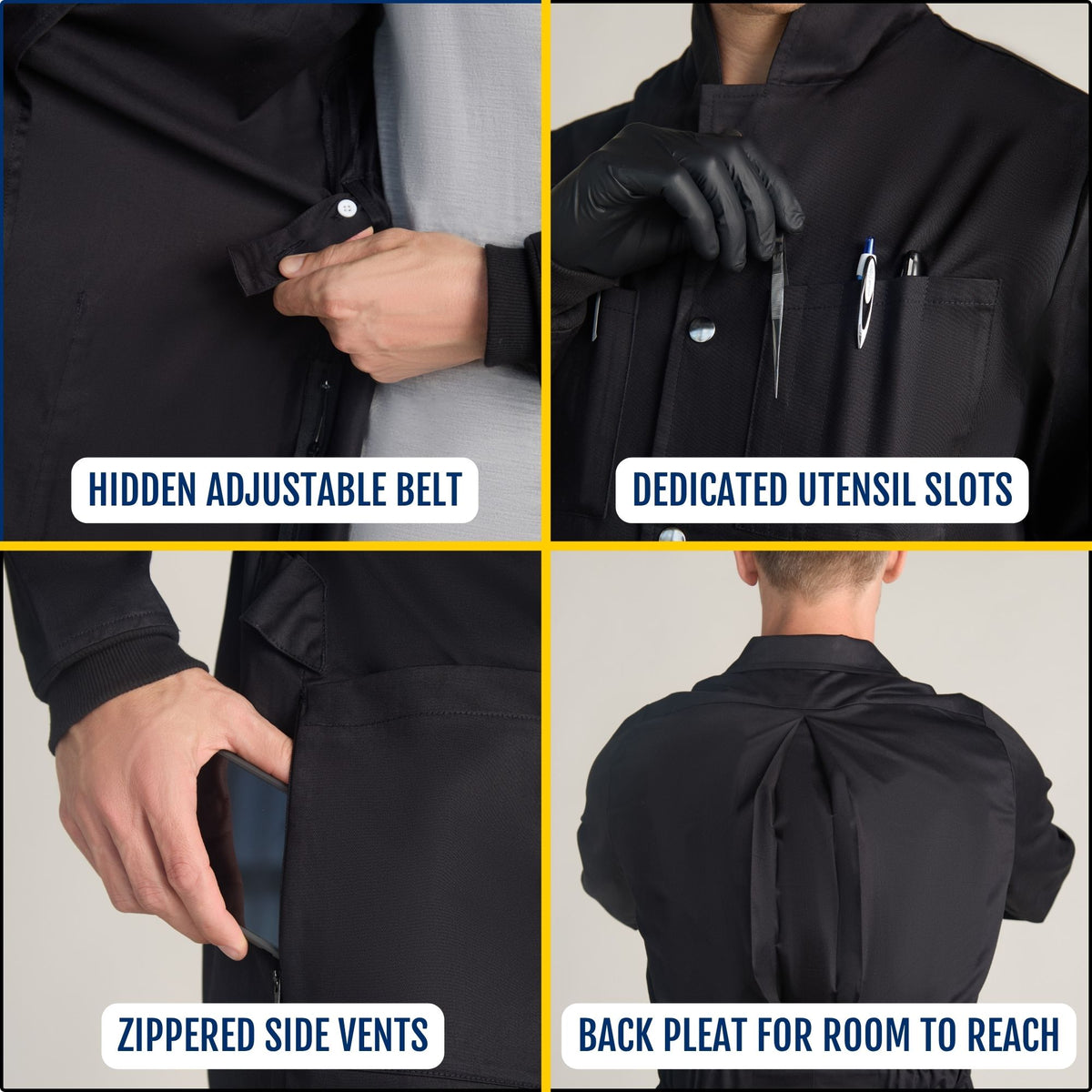 black cotton lab coat ppe utility jacket with a hidden adjustable belt being tightened with dedicated utensil slots holding tools a zippered side vents with a hand sliding in a phone and a back pleat allowing extra reach