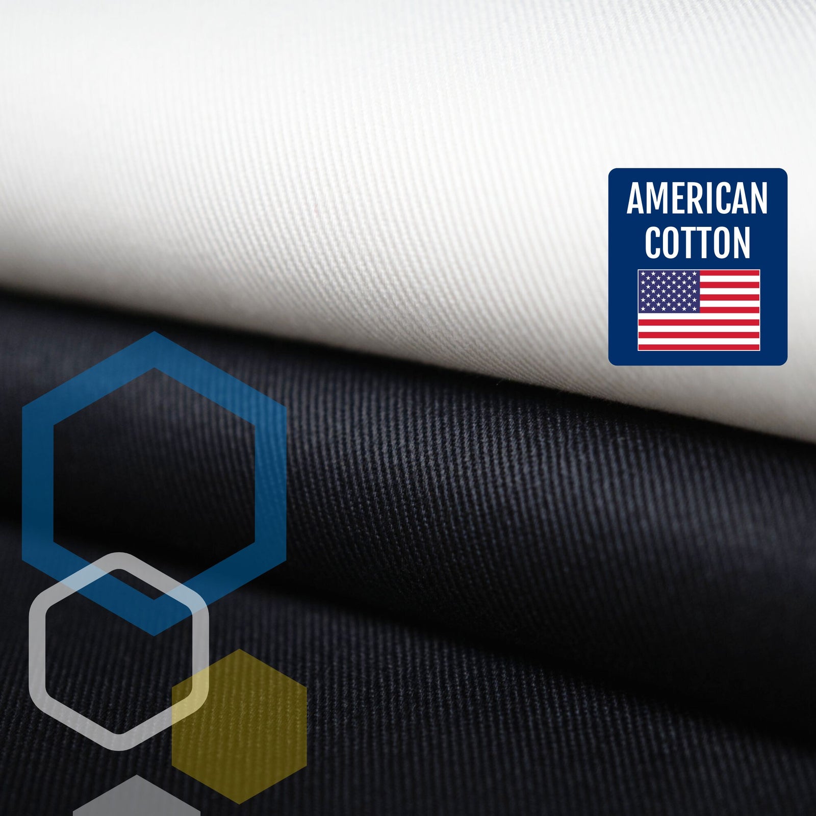 soft breathable lightweight cool cotton twill fabric for lab coats. Cotton grown in the USA. Shown in light folds of white and black