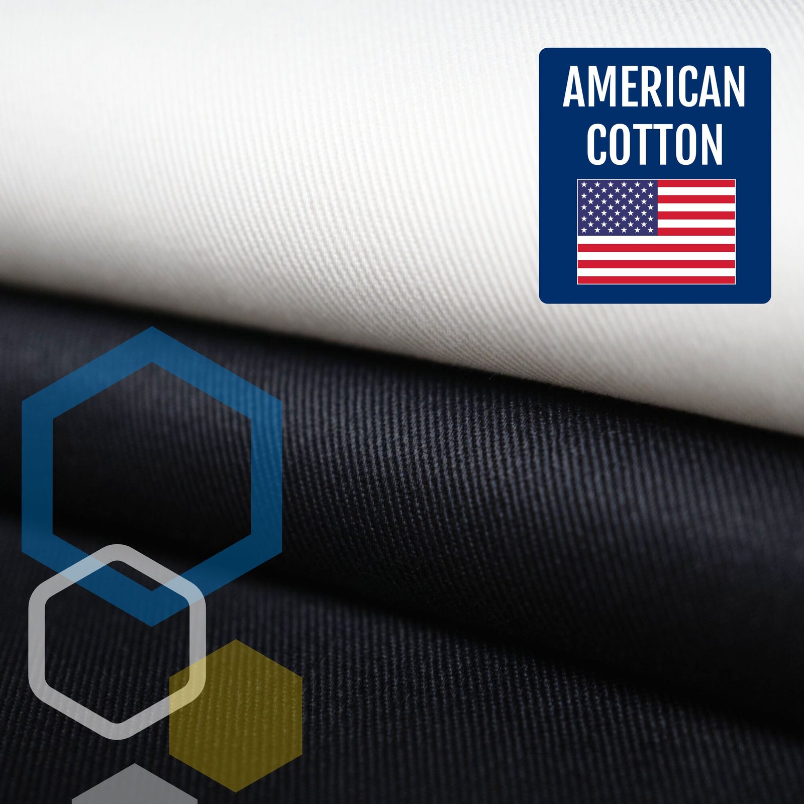 american usa grown cotton twill black and white fabric for lab coats. Showing the breathable cool soft weave to reduce overheating in the laboratory