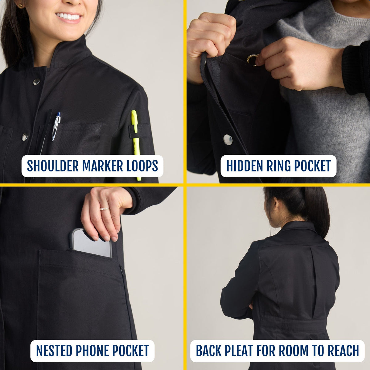 pure cotton twill lab coat black work utility jacket shoulder marker loops holding pens a hidden ring pocket inside the jacket a nested phone pocket and a back pleat for extra room to move