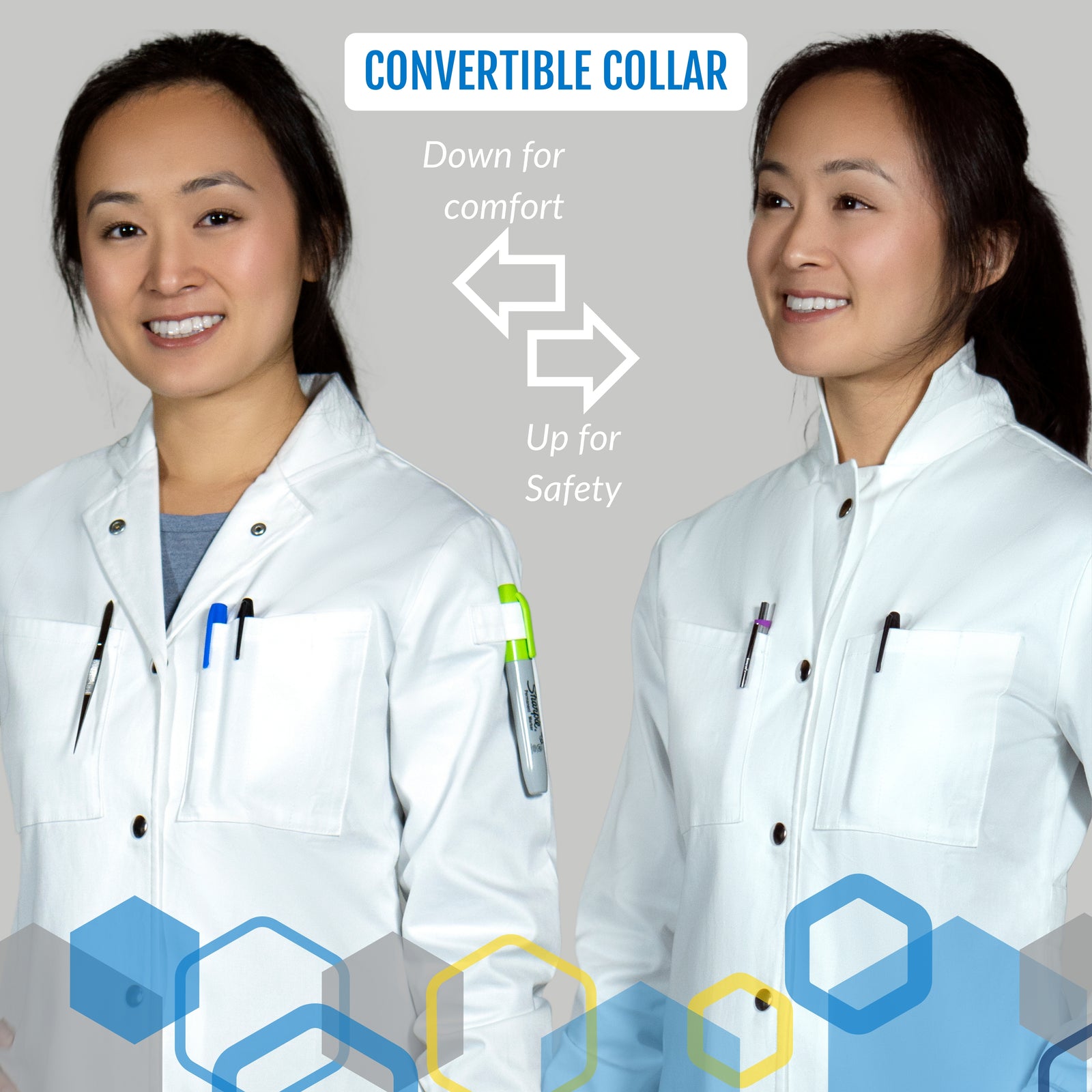 Curie lab coat with convertible Howie high collar for comfort and safety with quick release metal poppers