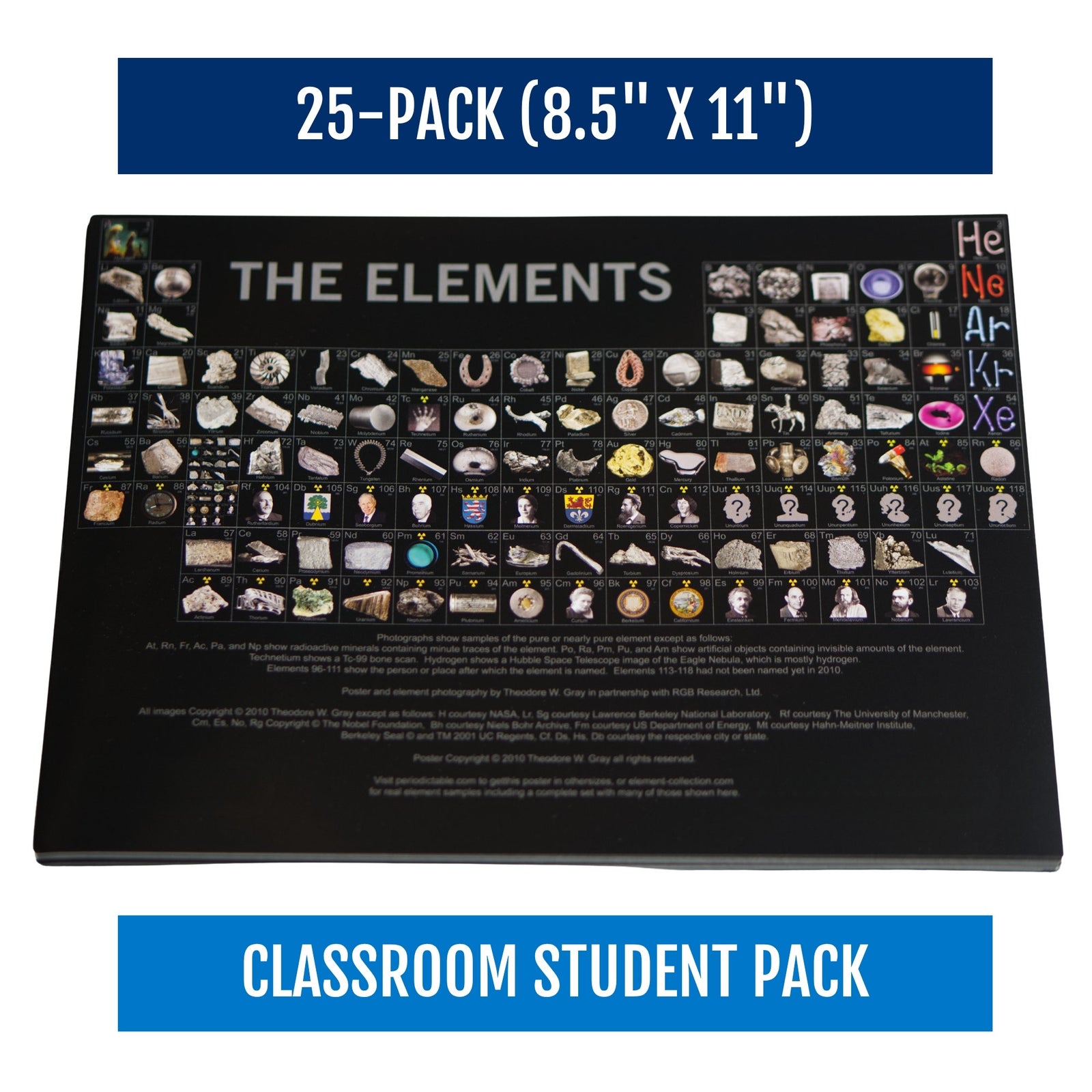 A small desk-sized periodic table of the elements flyer sold as a 25-pack for a teacher to hand out in a classroom of students. Full of high-resolution, full-color photos of elemental samples to bring the periodic table to life 