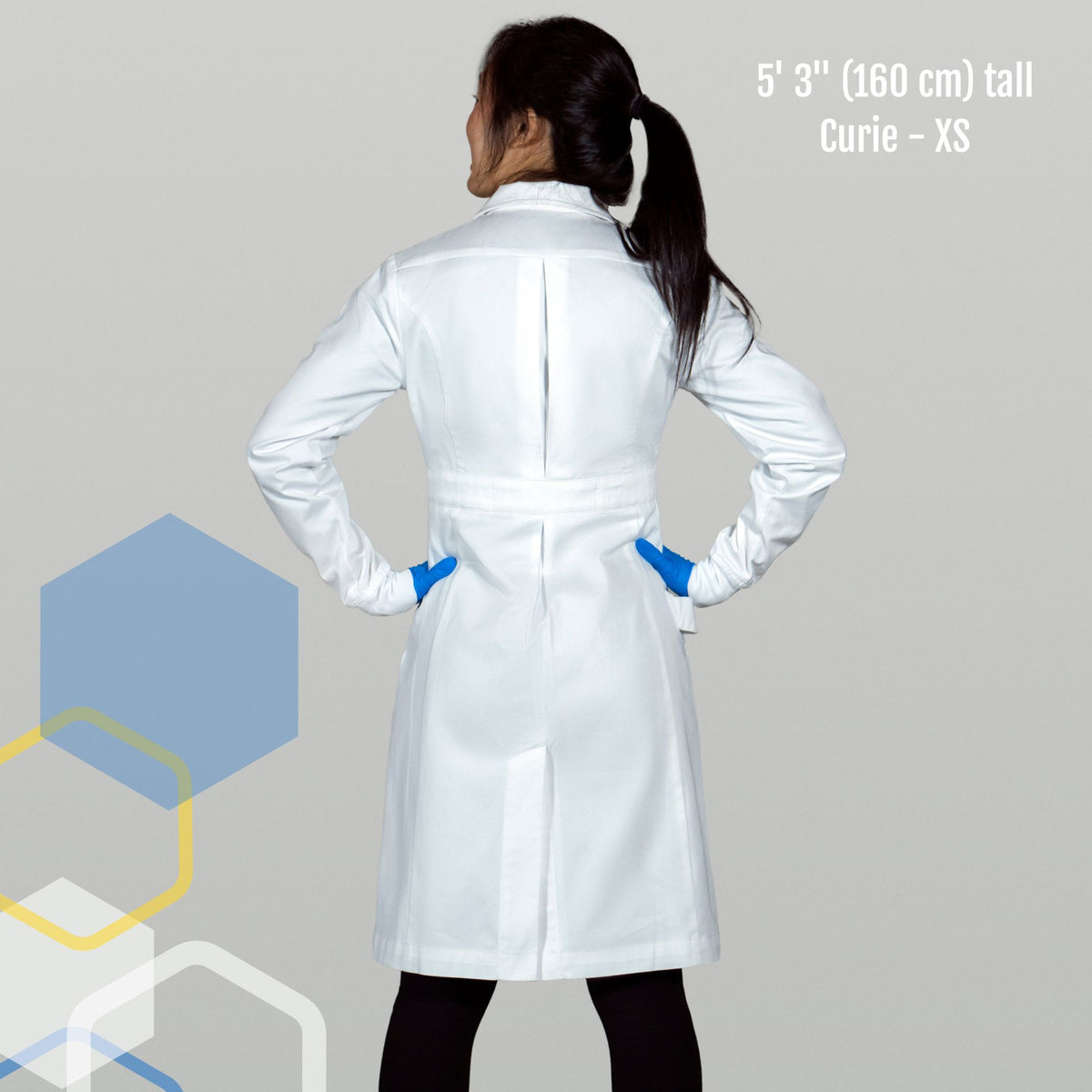 Women's petite extra small chemistry lab coat - back with features of 100% cotton, cuffed sleeves, high collar, water resistant