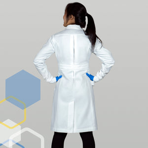 women's chemistry lab coat - back with features of 100% cotton, cuffed sleeves, high collar, water resistant
