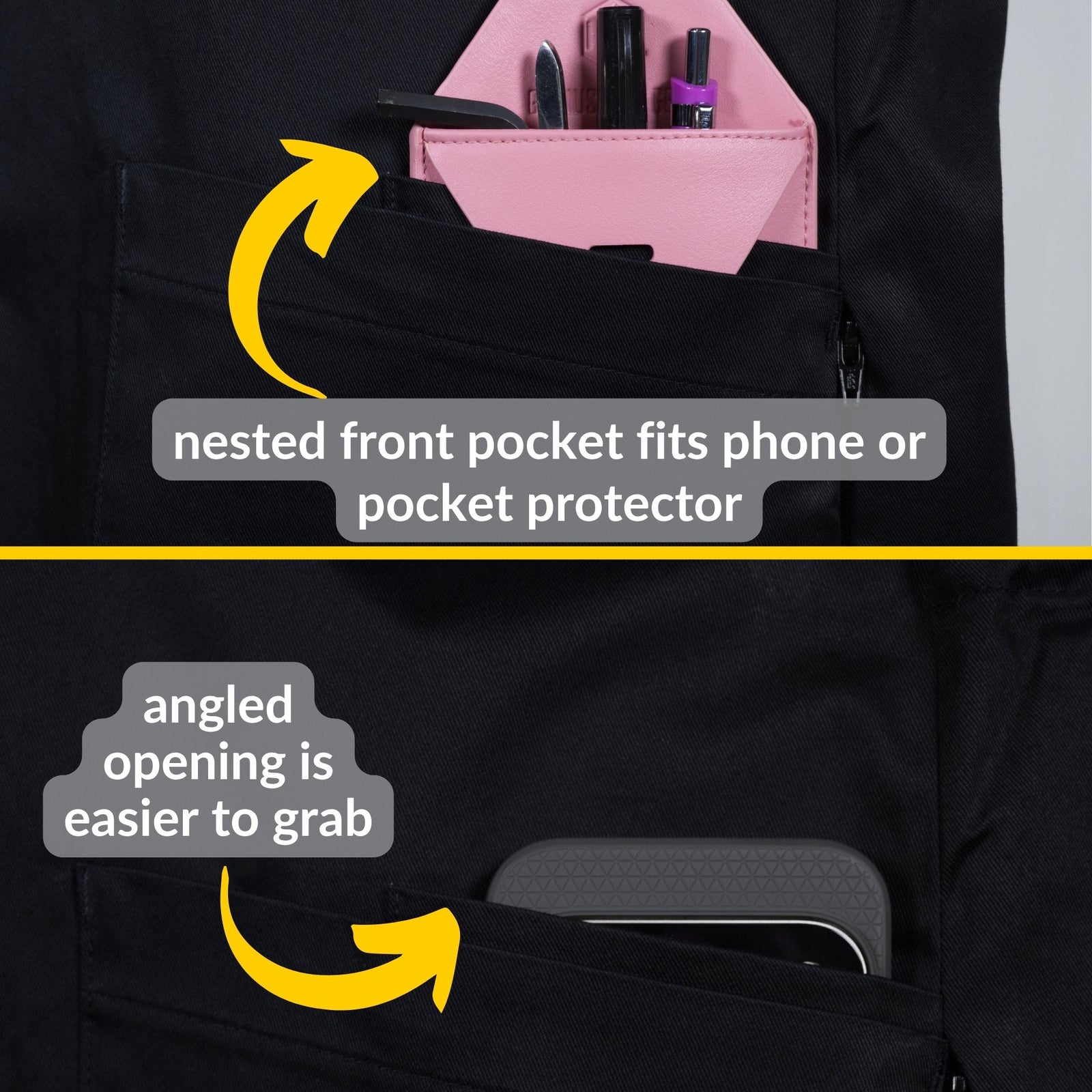 research lab coat for scientists showing hidden inner angled phone pocket that also fits a nerdy pocket protector to hold tweezers and pens and pencils in lower front pocket