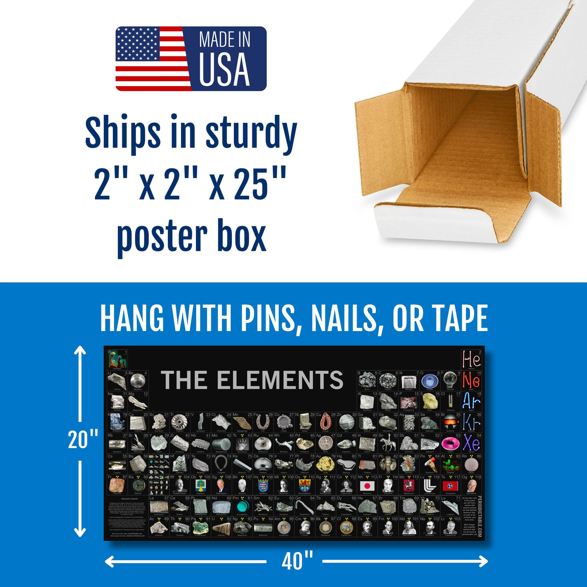 20 by 40 inches periodic table poster decorates office or lab by hanging with pins, nails, or tape and ships from USA in sturdy poster tube