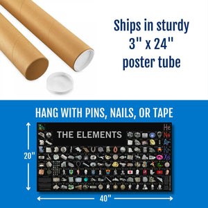 20 by 40 inches periodic table poster decorates office or lab by hanging with pins, nails, or tape and ships from USA in sturdy poster tube