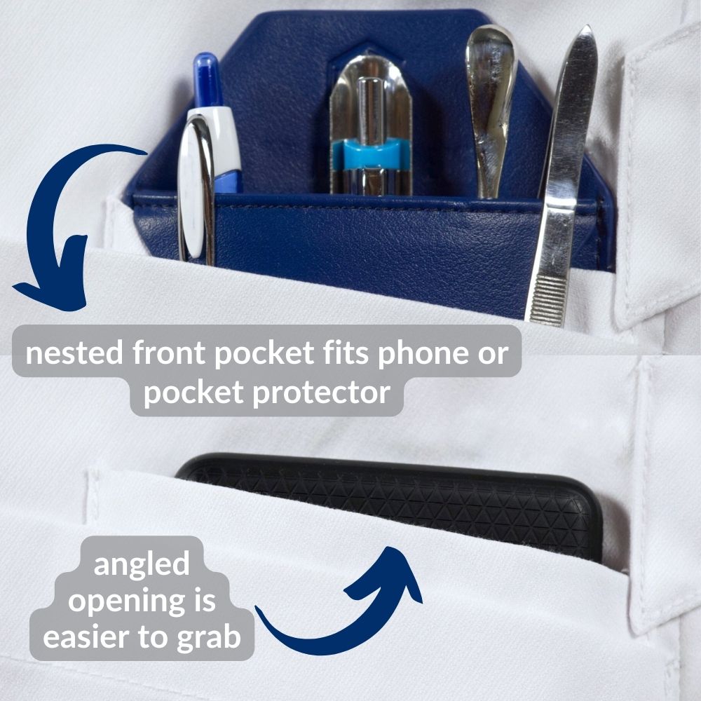 chemistry lab coat with angled opening in front pocket