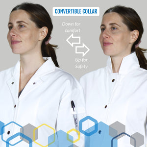 maternity lab coat made of white cotton showing convertible lapel collar changing to high howie style mandarin collar for extra skin protection during experiments