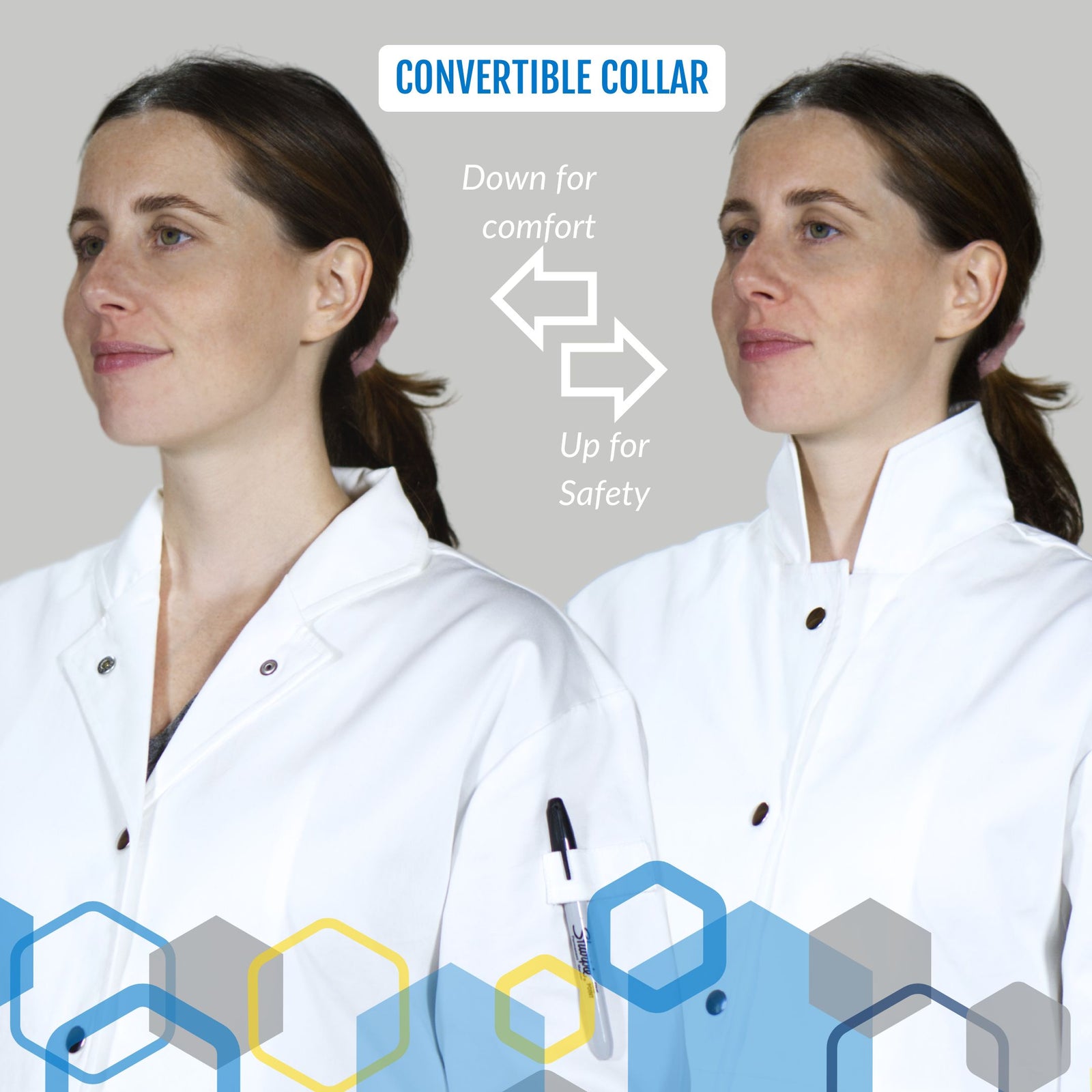 Maternity lab coat made of white cotton showing convertible lapel collar changing to high howie style mandarin collar