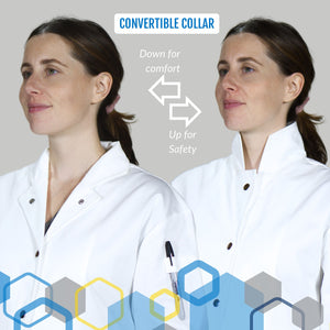 maternity lab coat made of white cotton showing convertible lapel collar changing to high howie style mandarin collar for extra skin protection during experiments
