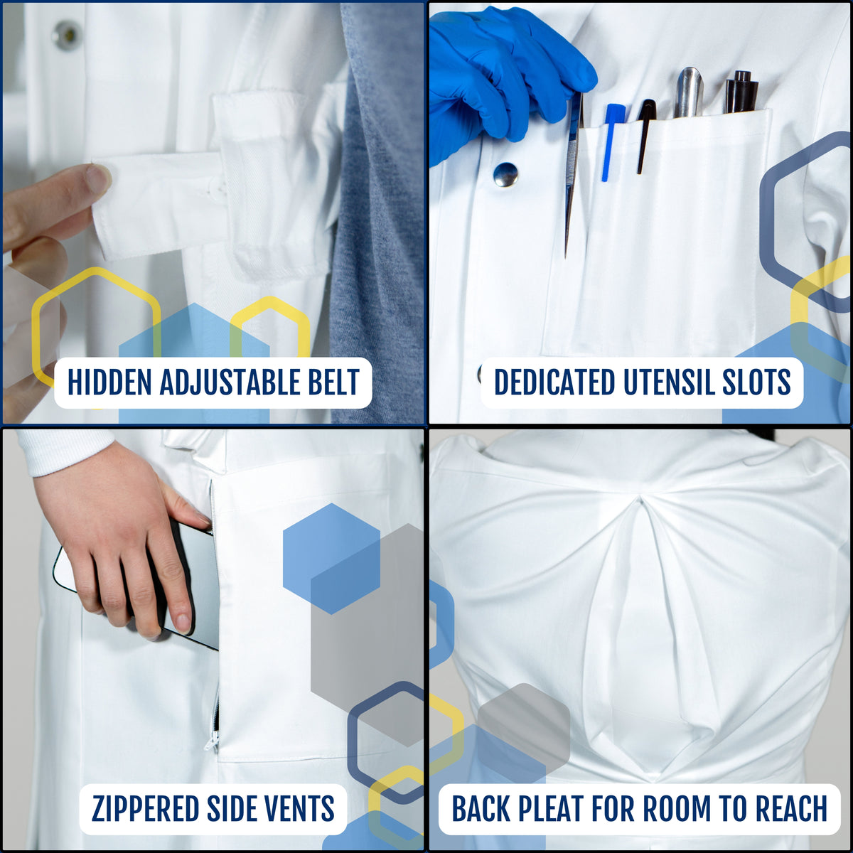 Lab coat's features of hidden adjustment belt, utensil slots, side vents and back pleat for scientific research