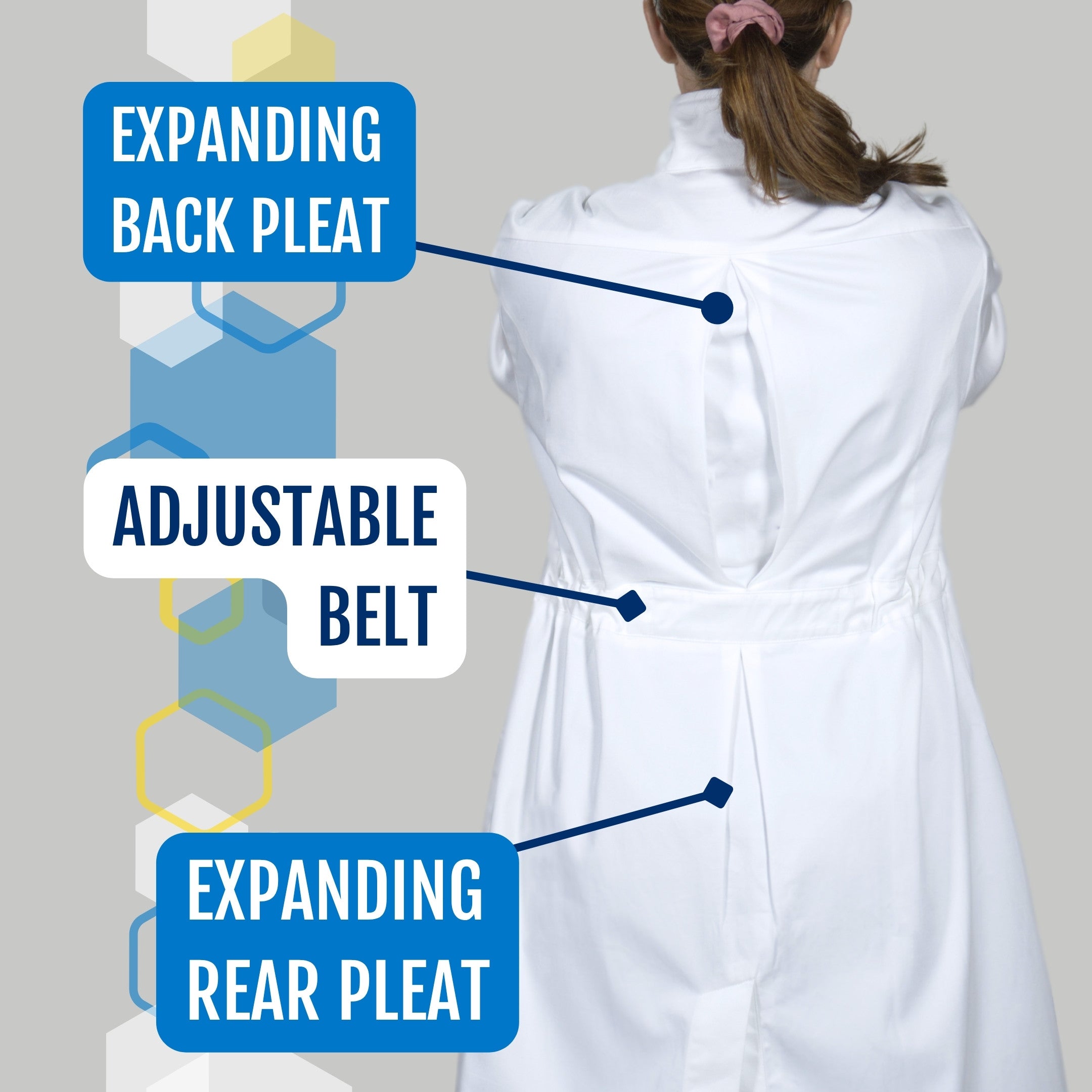 Woman wearing white maternity lab coat with expandable pleats and adjustable hidden belt made of white cotton for