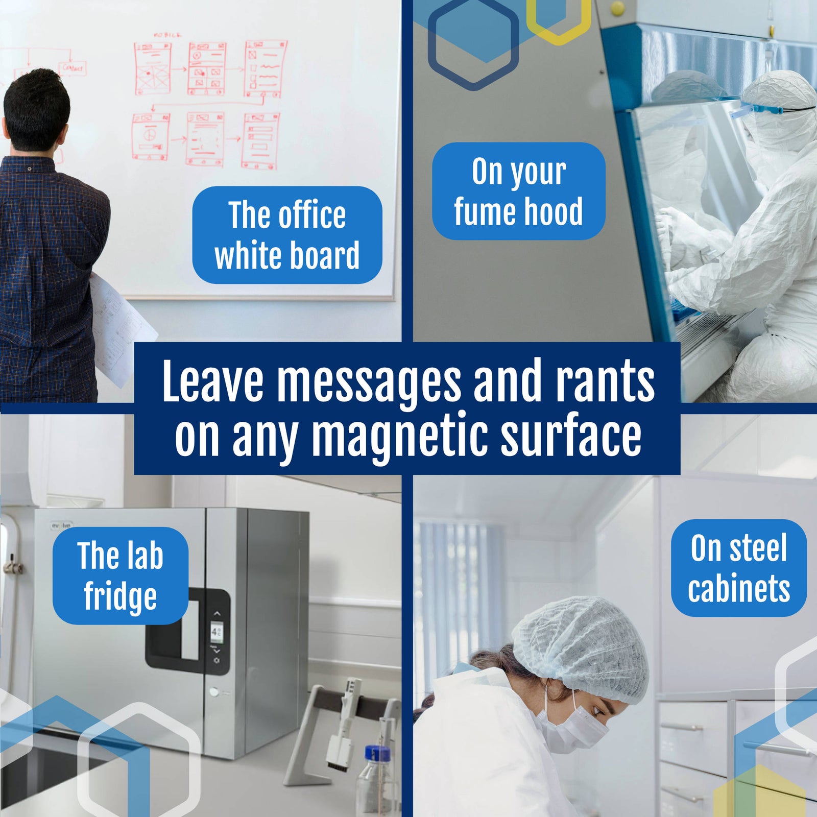 Word magnets arranged on a lab office whiteboard, science gift for students and educators
