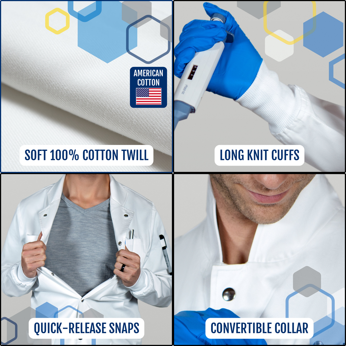 men's soft cotton twill lab coat with american-grown usa cotton, long knit cuffed sleeves, all metal snaps and a convertible howie style collar for chemistry and biology labs