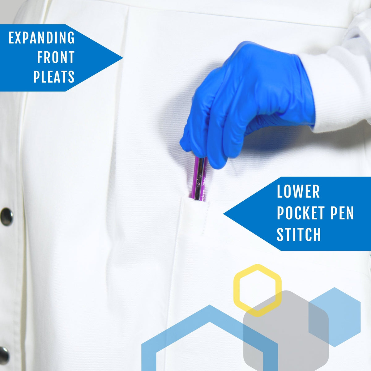 the front pockets of a maternity lab coat showing expanding pleats, metal snap closure, and lower pockets on the hips for easier access that include an extra pen stitch
