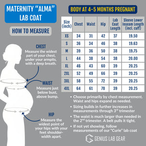 size chart for The Alma maternity lab coat for pregnant scientists and doctors in research. The table shows how to measure chest, bust, waist, and hip for sizes XS to 4XL, including lab coat length and inseam length. 