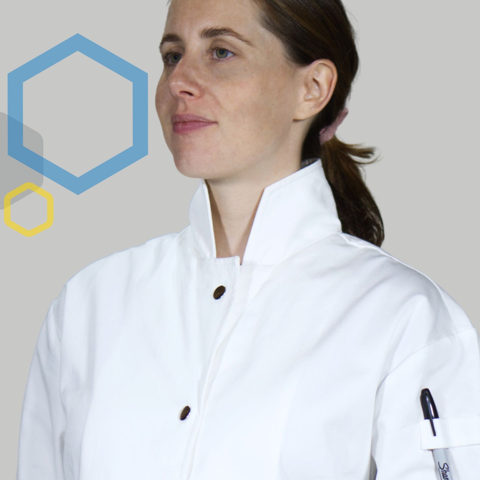 pregnant female wearing a white cotton lab coat with a high collar that protects her chest during laboratory research like chemistry, with metal snaps