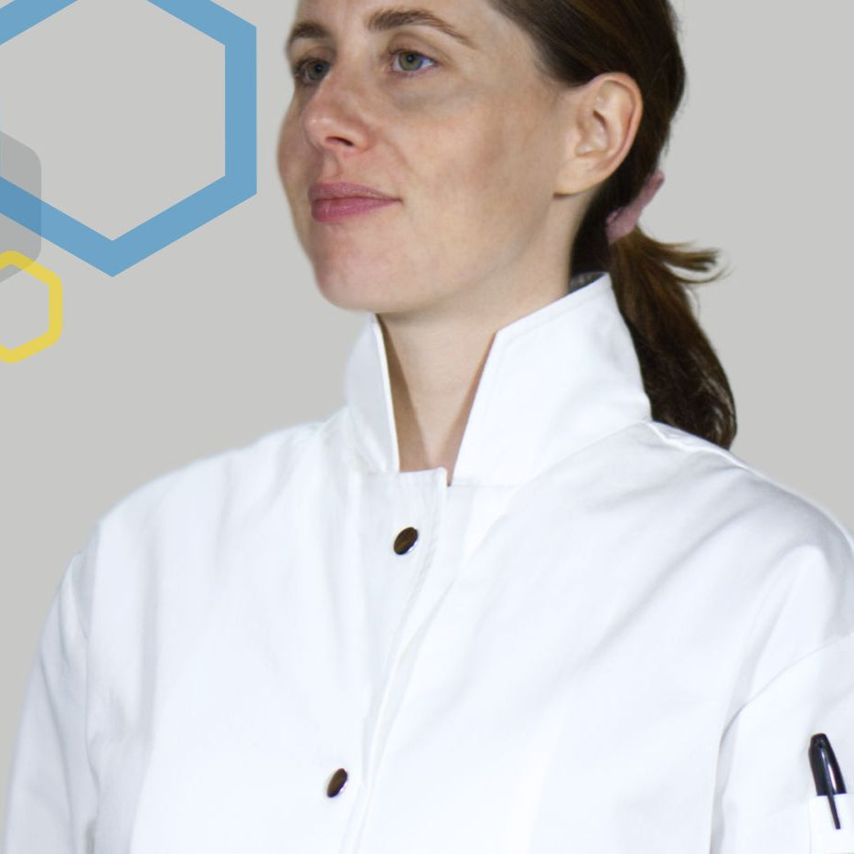 pregnant female wearing a white cotton lab coat with a high collar that protects her chest during laboratory research like chemistry, with metal snaps