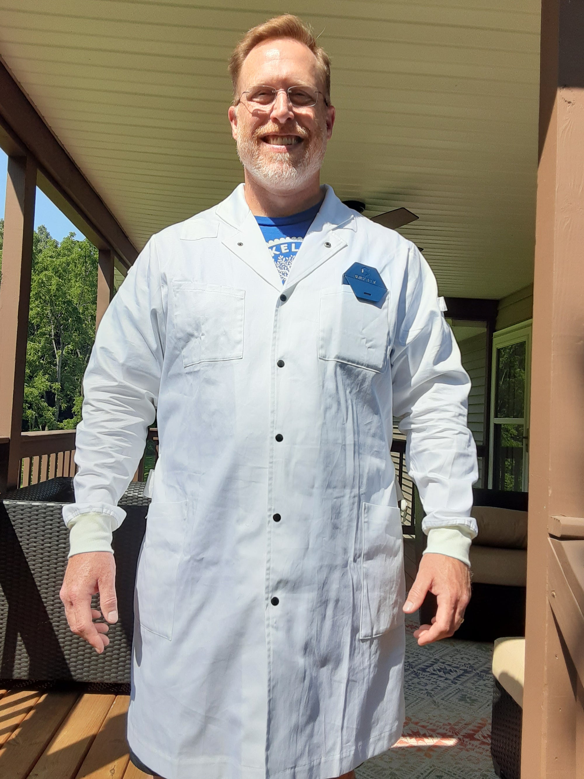 male scientist wearing white 100 cotton lab coat in 2XL
