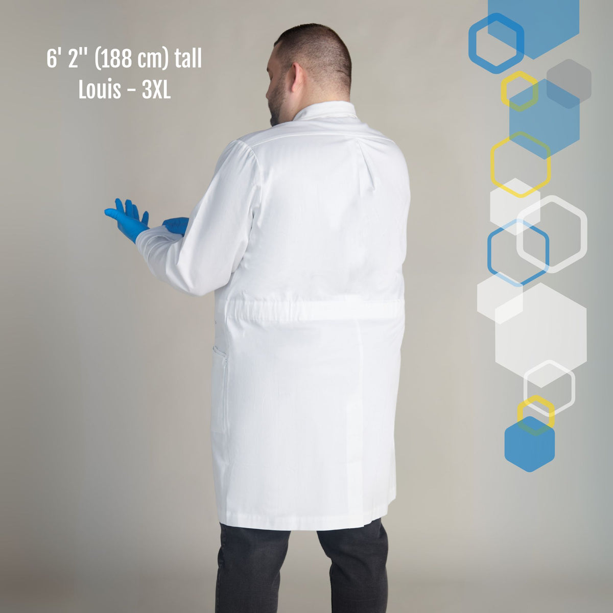 men's louis 3XL to 4XL cotton white lab coat with back pleat that expands for shoulder reach and cuffed sleeves to keep wrists covered while doing chemical experiments