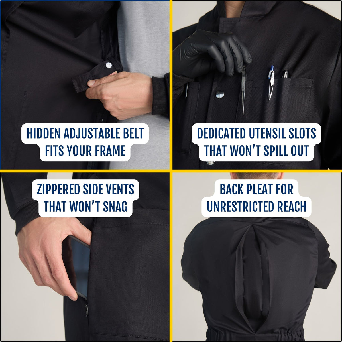 The Louis men's black lab coat with hidden adjustable belt, utensil slots, zippered side vents, and a back pleat for reach